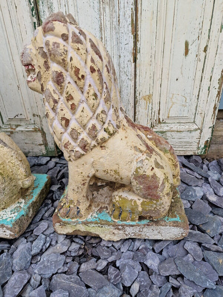 Antique Pair Authentic Indian Hand Made Stone Painted Temple Palace Garden Lions