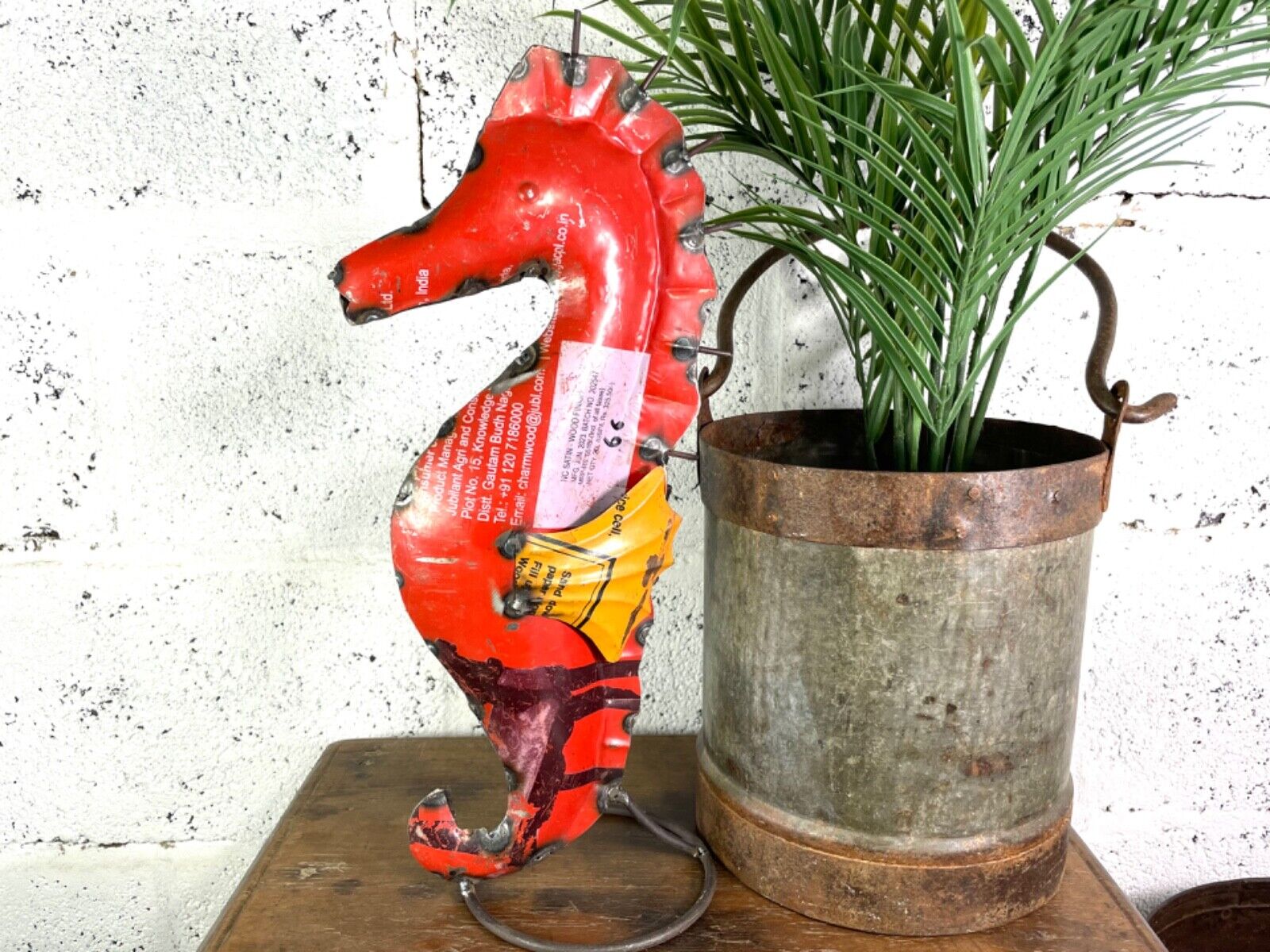 Hand Made Reclaimed Recycled Metal Oil Drum Tin Sea Horse Sculpture Garden