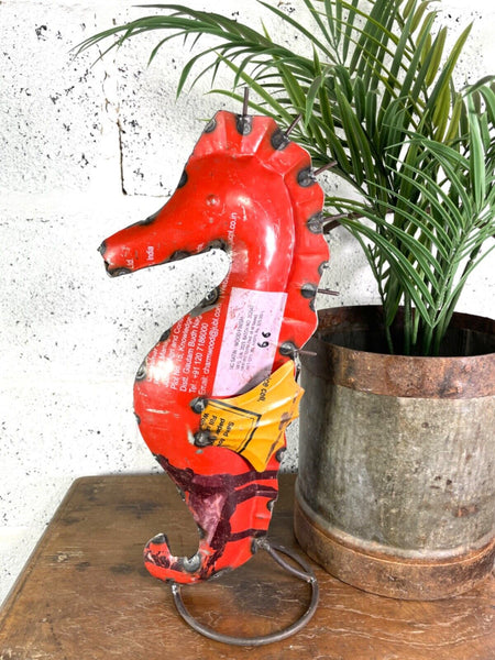 Hand Made Reclaimed Recycled Metal Oil Drum Tin Sea Horse Sculpture Garden