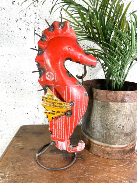 Hand Made Reclaimed Recycled Metal Oil Drum Tin Sea Horse Sculpture Garden
