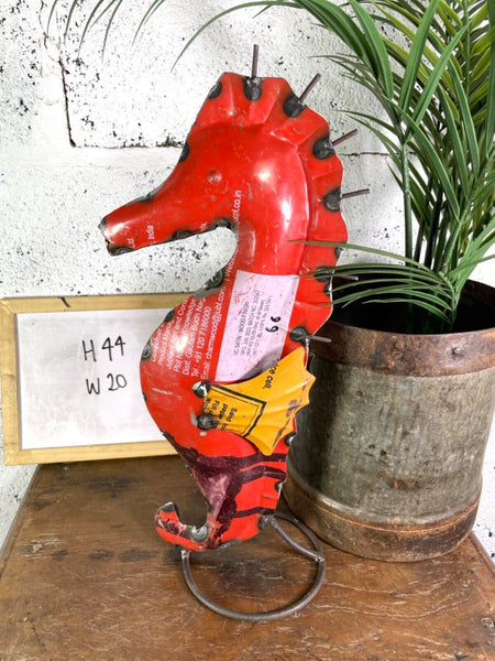 Hand Made Reclaimed Recycled Metal Oil Drum Tin Sea Horse Sculpture Garden