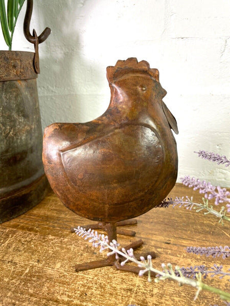 Rustic Reclaimed Hand Made Metal Rooster Chicken Chick Garden Sculpture Ornament