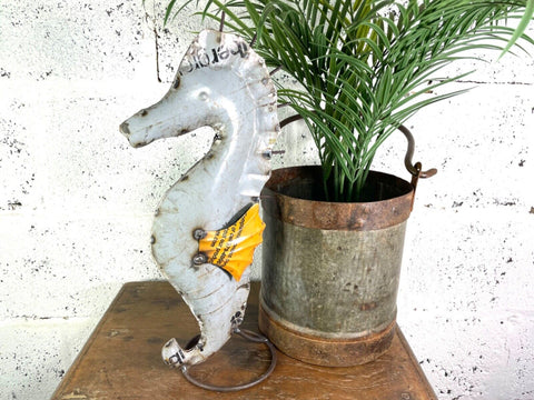 Hand Made Reclaimed Recycled Metal Oil Drum Tin Sea Horse Sculpture Garden
