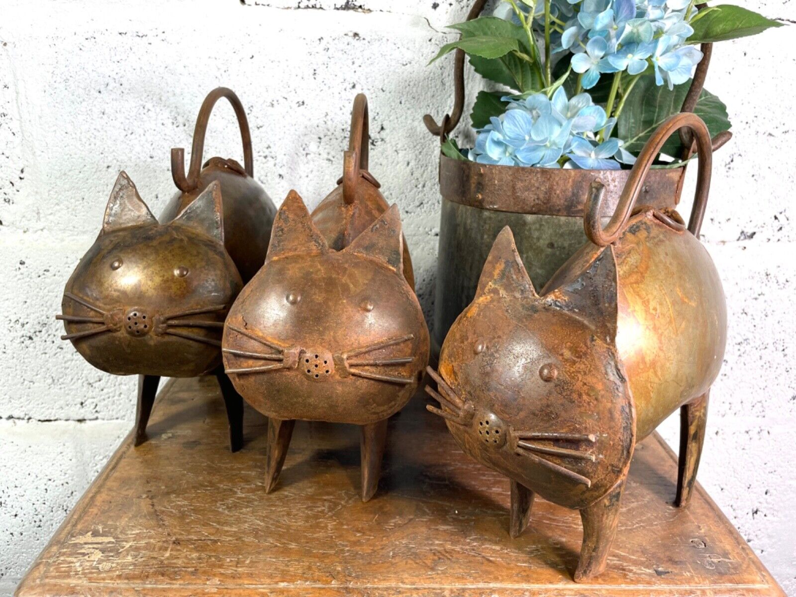 Rustic Reclaimed Handmade Metal Cat Watering Can Water Feature Garden Sculpture
