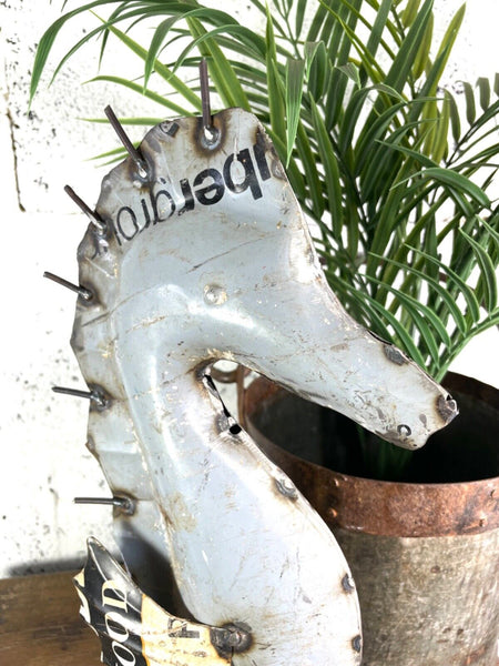 Hand Made Reclaimed Recycled Metal Oil Drum Tin Sea Horse Sculpture Garden