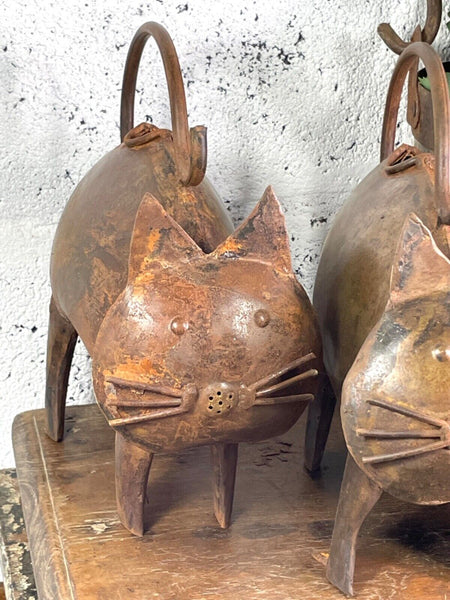 Rustic Reclaimed Handmade Metal Cat Watering Can Water Feature Garden Sculpture