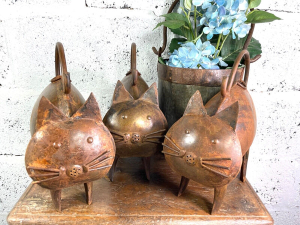 Rustic Reclaimed Handmade Metal Cat Watering Can Water Feature Garden Sculpture