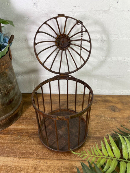 Vintage Rustic Reclaimed Metal Hanging Bird Cage Candle Holder