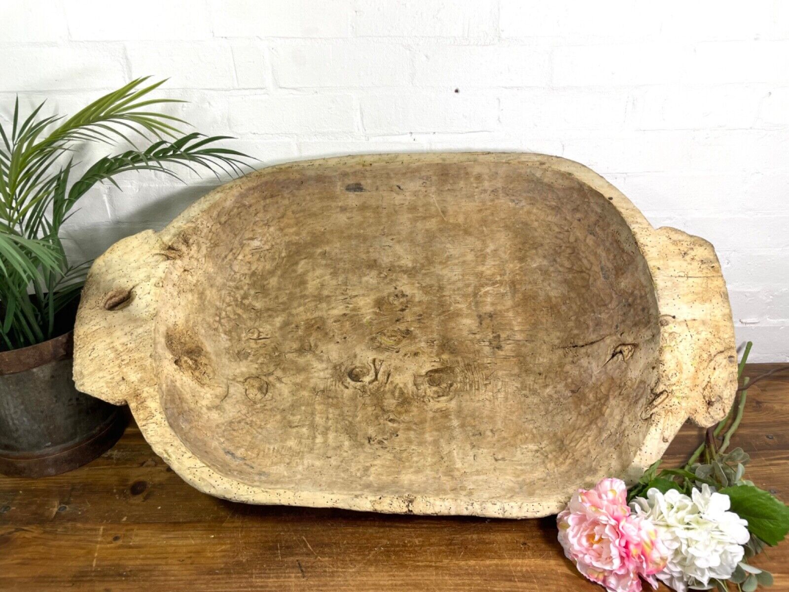 Vintage Hungarian Hand Carved Dug Out Rustic Primitive Dough Bowl Trough