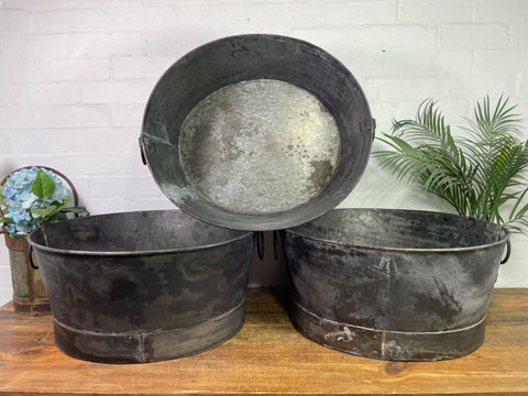 Large Vintage Reclaimed Galvanised Iron Banded Oval Trough Garden Planter Tub