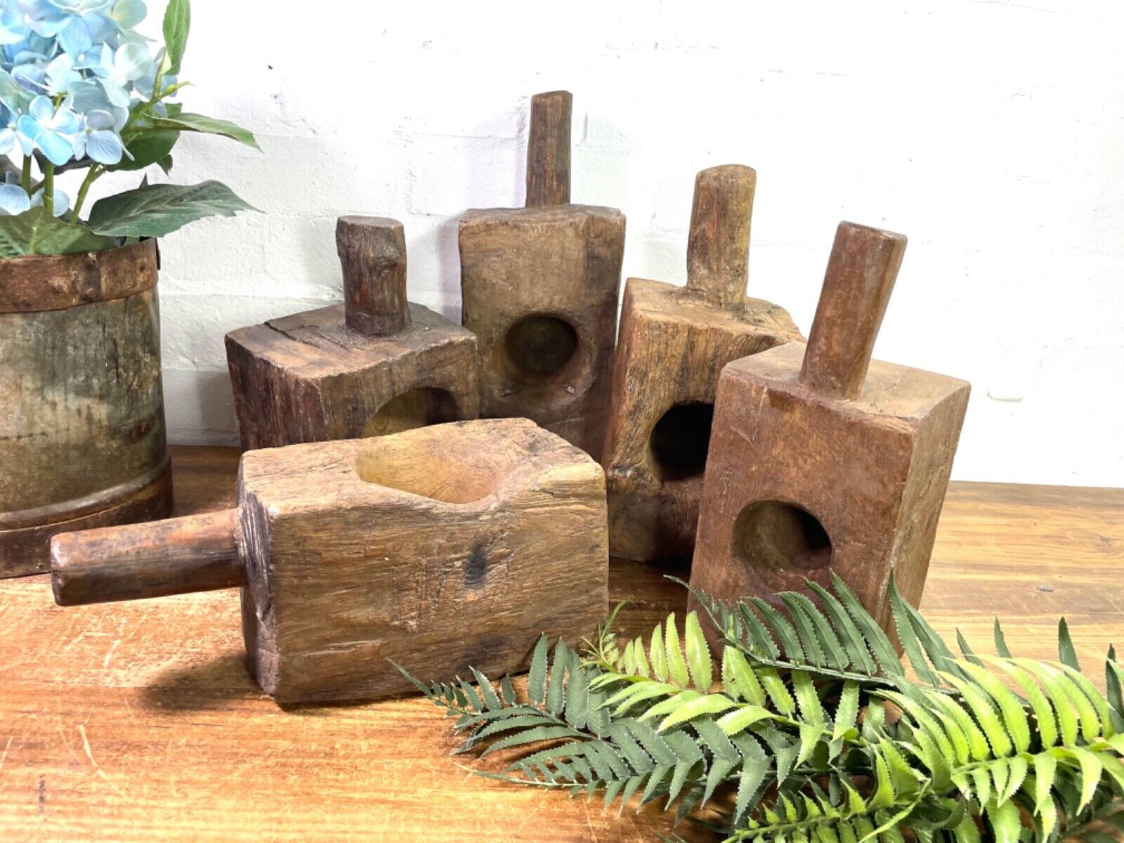 Vintage Rustic Hand Carved Wabi Sabi Wooden Mortar Bowl Spoon Candle Holder