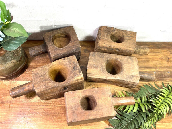 Vintage Rustic Hand Carved Wabi Sabi Wooden Mortar Bowl Spoon Candle Holder
