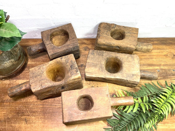 Vintage Rustic Hand Carved Wabi Sabi Wooden Mortar Bowl Spoon Candle Holder