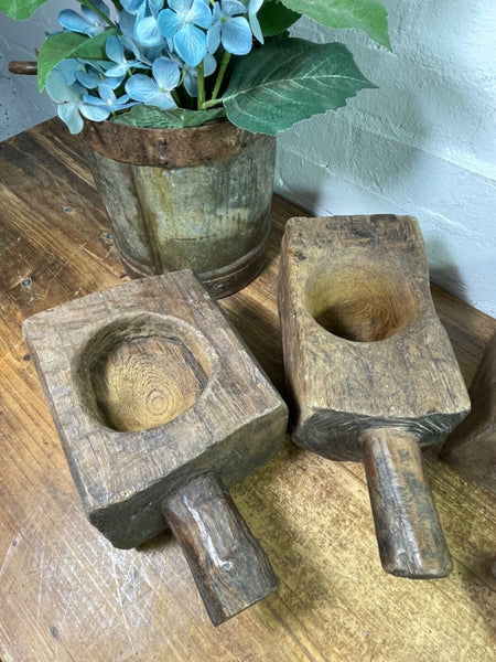 Vintage Rustic Hand Carved Wabi Sabi Wooden Mortar Bowl Spoon Candle Holder