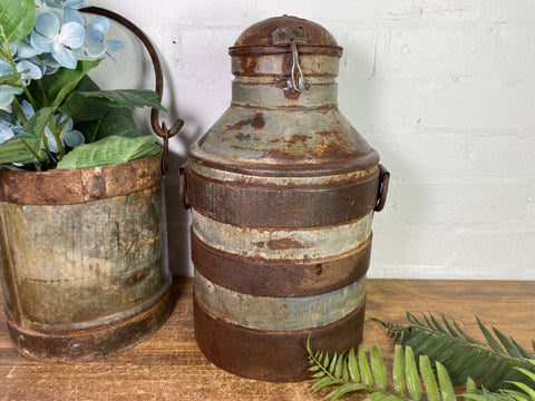 Vintage Reclaimed Rustic Galvanised Banded Metal Butter Milk Churn Wedding Prop