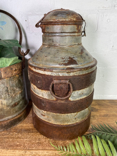 Vintage Reclaimed Rustic Galvanised Banded Metal Butter Milk Churn Wedding Prop
