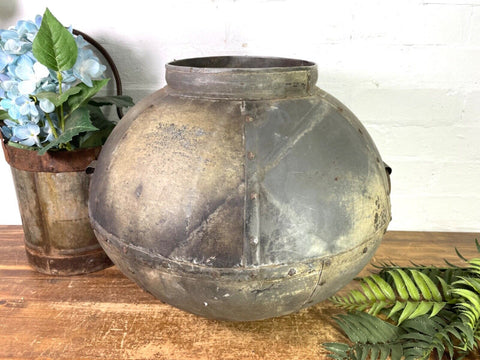 XL Large Vintage Rustic Hand Beaten Riveted Indian Water Pot Vase Garden Planter