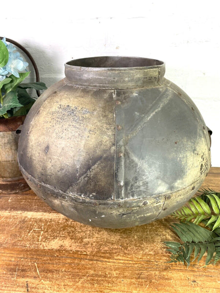 XL Large Vintage Rustic Hand Beaten Riveted Indian Water Pot Vase Garden Planter