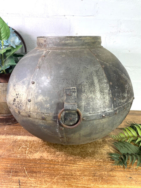XL Large Vintage Rustic Hand Beaten Riveted Indian Water Pot Vase Garden Planter
