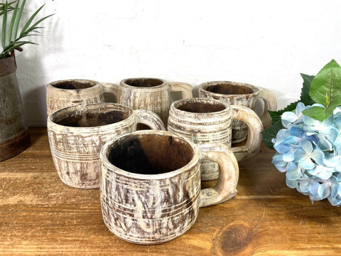 Vintage Rustic Wabi Sabi Hand Carved Bleached Wooden Storage Pot with Handle