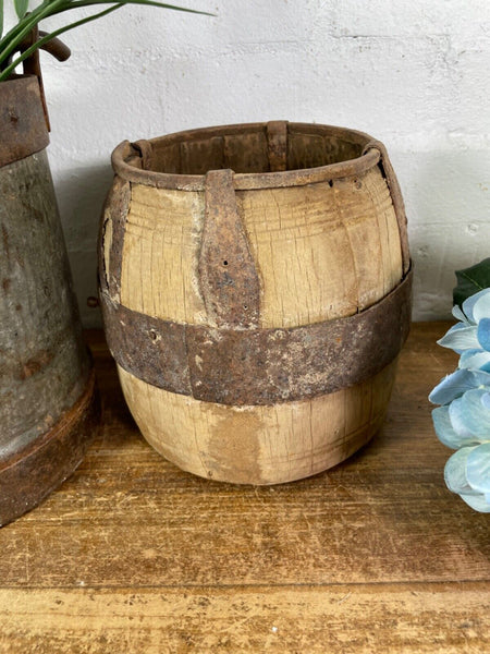 Vintage Rustic Indian Wabi Sabi Hand Carved Wooden Grain Measure Storage Pot