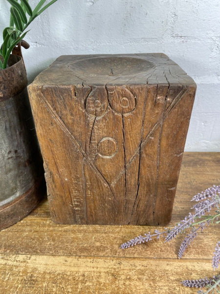 Vintage Reclaimed Hand Carved Indian Wooden Pillar Base Candle Holder Plinth