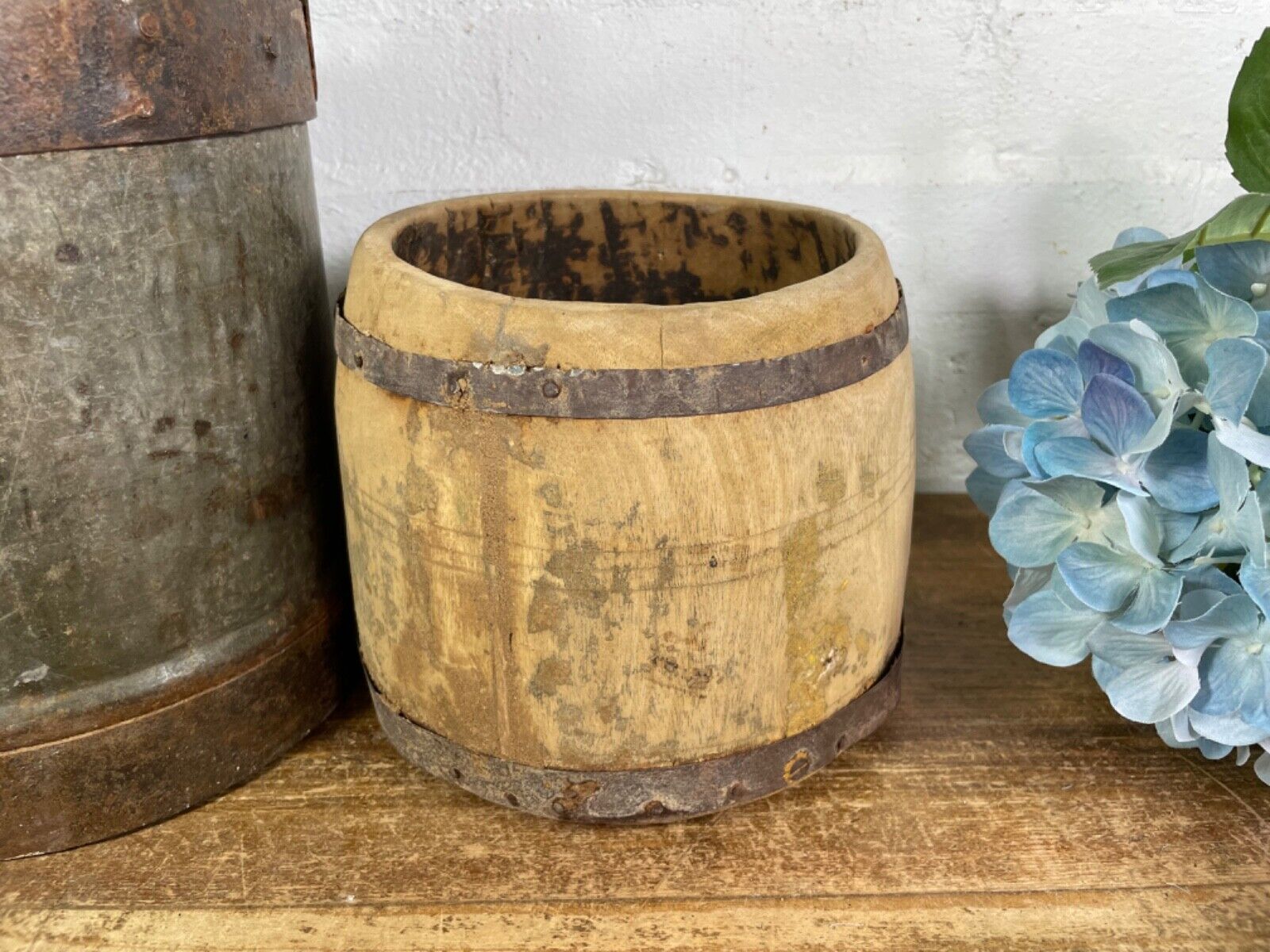 Vintage Rustic Indian Wabi Sabi Hand Carved Wooden Grain Measure Storage Pot