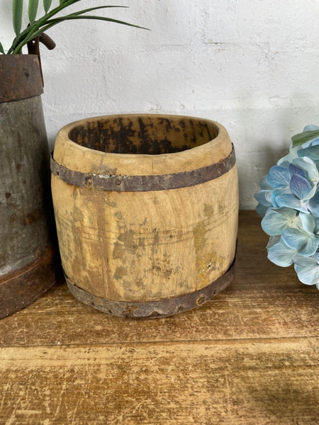 Vintage Rustic Indian Wabi Sabi Hand Carved Wooden Grain Measure Storage Pot