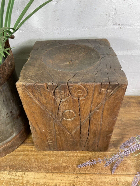 Vintage Reclaimed Hand Carved Indian Wooden Pillar Base Candle Holder Plinth