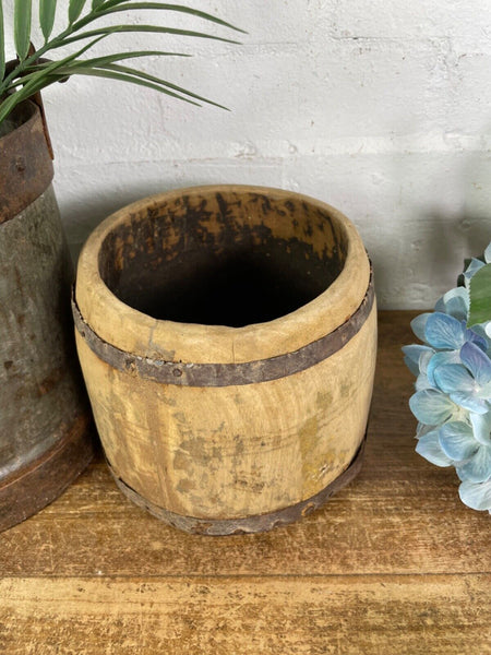 Vintage Rustic Indian Wabi Sabi Hand Carved Wooden Grain Measure Storage Pot