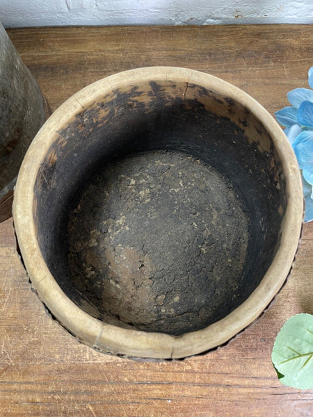 Vintage Rustic Indian Wabi Sabi Hand Carved Wooden Grain Measure Storage Pot