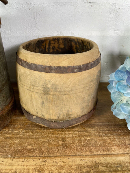 Vintage Rustic Indian Wabi Sabi Hand Carved Wooden Grain Measure Storage Pot