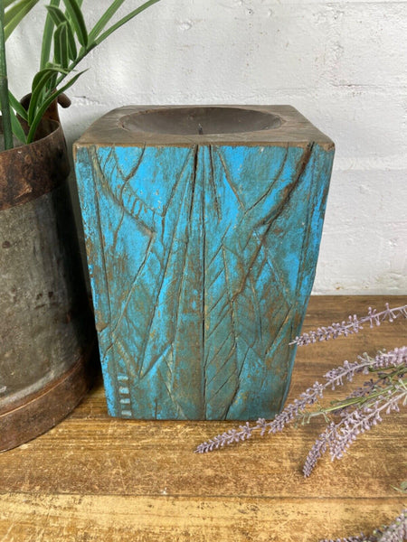 Vintage Reclaimed Hand Carved Indian Wooden Pillar Base Candle Holder Plinth