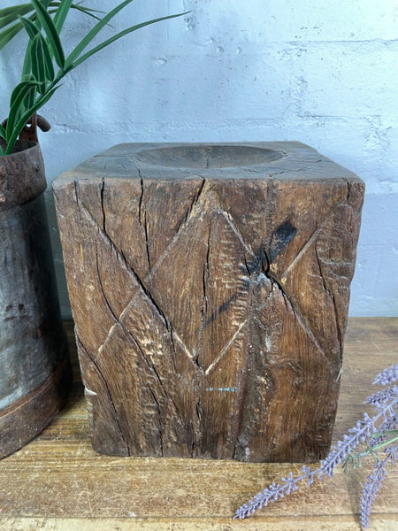 Vintage Reclaimed Hand Carved Indian Wooden Pillar Base Candle Holder Plinth