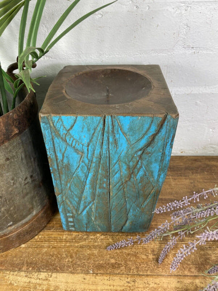 Vintage Reclaimed Hand Carved Indian Wooden Pillar Base Candle Holder Plinth