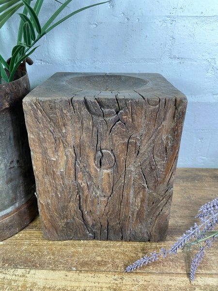 Vintage Reclaimed Hand Carved Indian Wooden Pillar Base Candle Holder Plinth