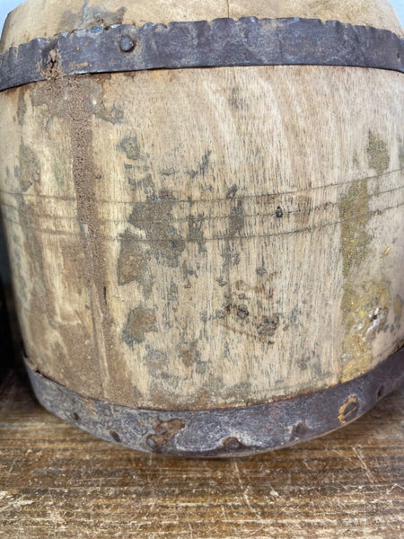 Vintage Rustic Indian Wabi Sabi Hand Carved Wooden Grain Measure Storage Pot