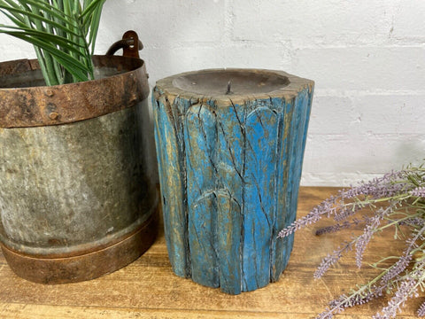 Vintage Reclaimed Hand Carved Indian Wooden Pillar Base Candle Holder Plinth