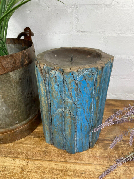 Vintage Reclaimed Hand Carved Indian Wooden Pillar Base Candle Holder Plinth