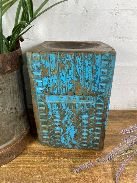 Vintage Reclaimed Hand Carved Indian Wooden Pillar Base Candle Holder Plinth