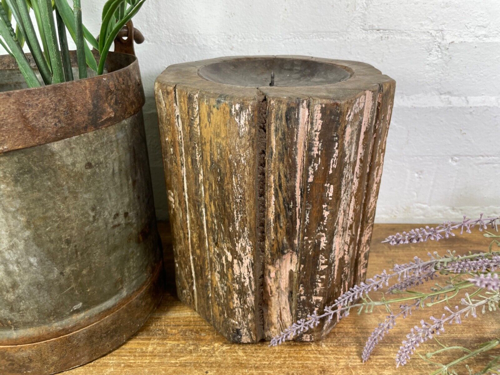 Vintage Reclaimed Hand Carved Indian Wooden Pillar Base Candle Holder Plinth