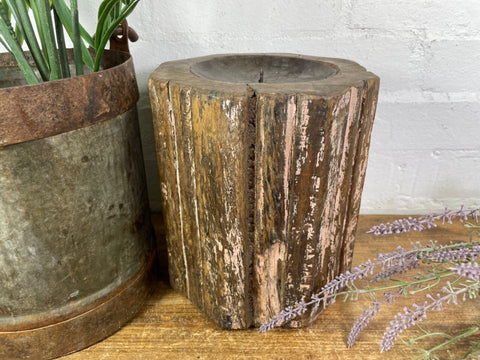 Vintage Reclaimed Hand Carved Indian Wooden Pillar Base Candle Holder Plinth