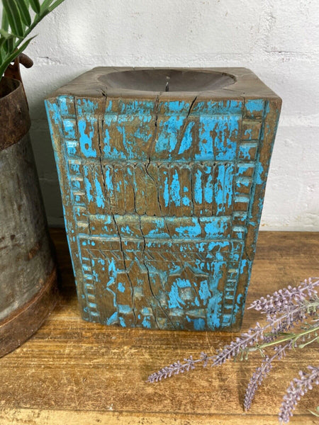 Vintage Reclaimed Hand Carved Indian Wooden Pillar Base Candle Holder Plinth