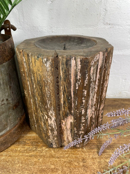 Vintage Reclaimed Hand Carved Indian Wooden Pillar Base Candle Holder Plinth