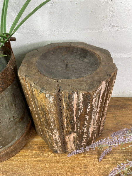 Vintage Reclaimed Hand Carved Indian Wooden Pillar Base Candle Holder Plinth