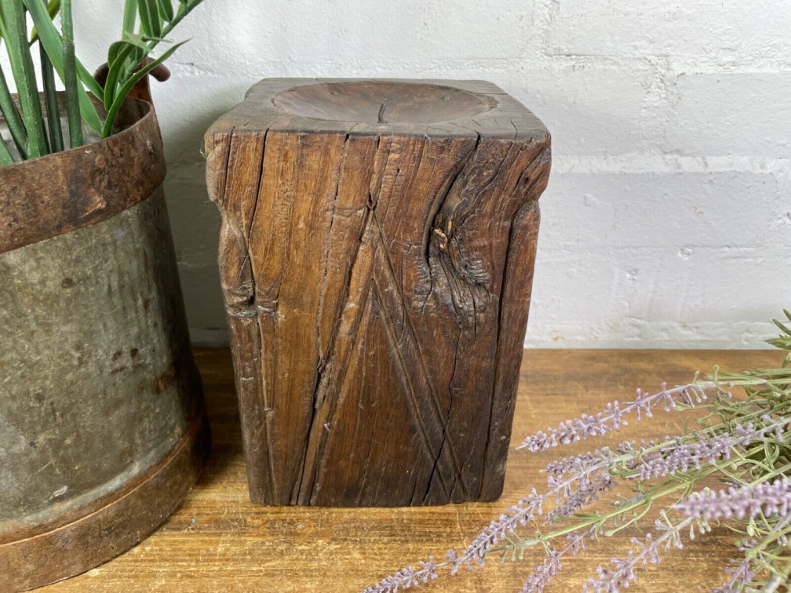 Vintage Reclaimed Hand Carved Indian Wooden Pillar Base Candle Holder Plinth