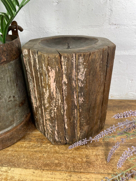 Vintage Reclaimed Hand Carved Indian Wooden Pillar Base Candle Holder Plinth