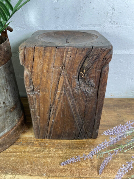 Vintage Reclaimed Hand Carved Indian Wooden Pillar Base Candle Holder Plinth