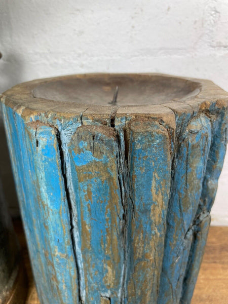 Vintage Reclaimed Hand Carved Indian Wooden Pillar Base Candle Holder Plinth