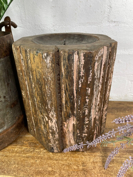 Vintage Reclaimed Hand Carved Indian Wooden Pillar Base Candle Holder Plinth